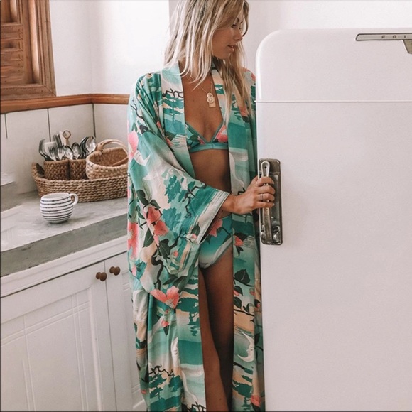 Boho Nightingale Aqua Floral Long Kimono - Picture 2 of 7